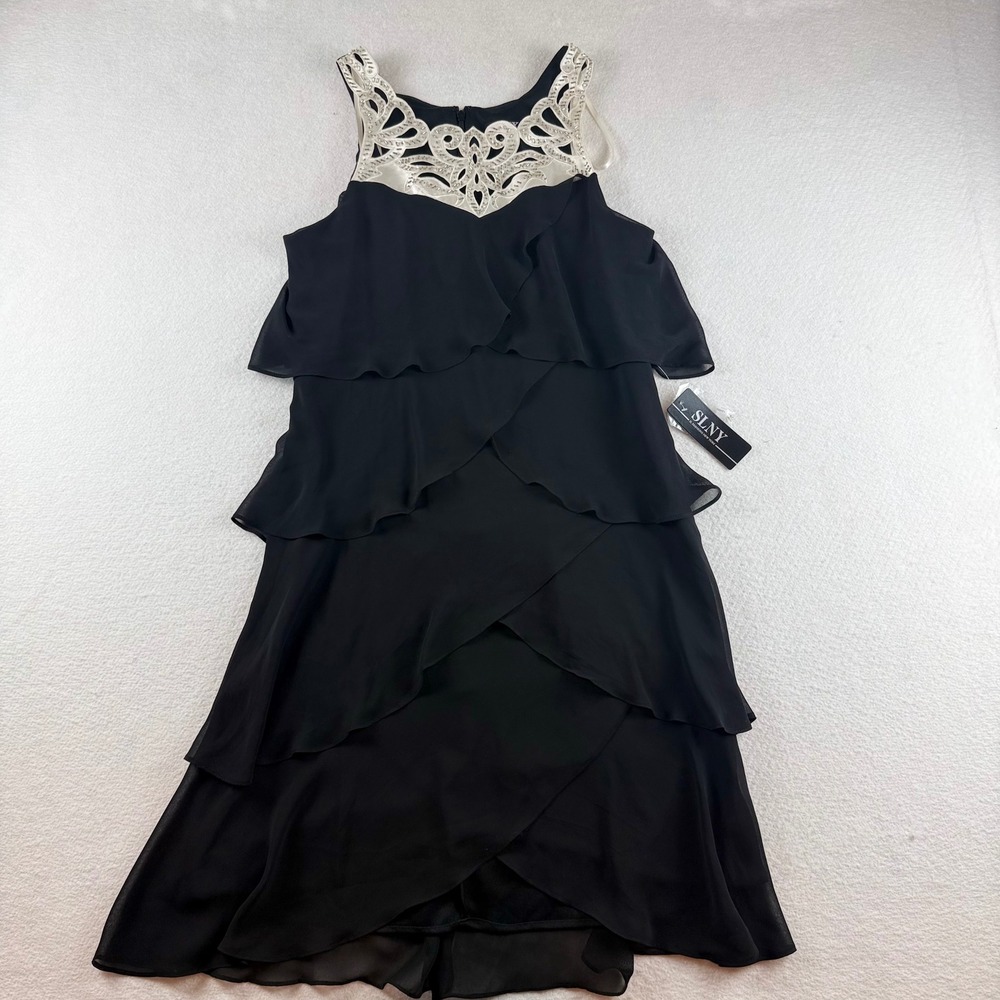 SLNY Womens Black Tiered Chiffon Dress Embellished Neckline Size 8 113376